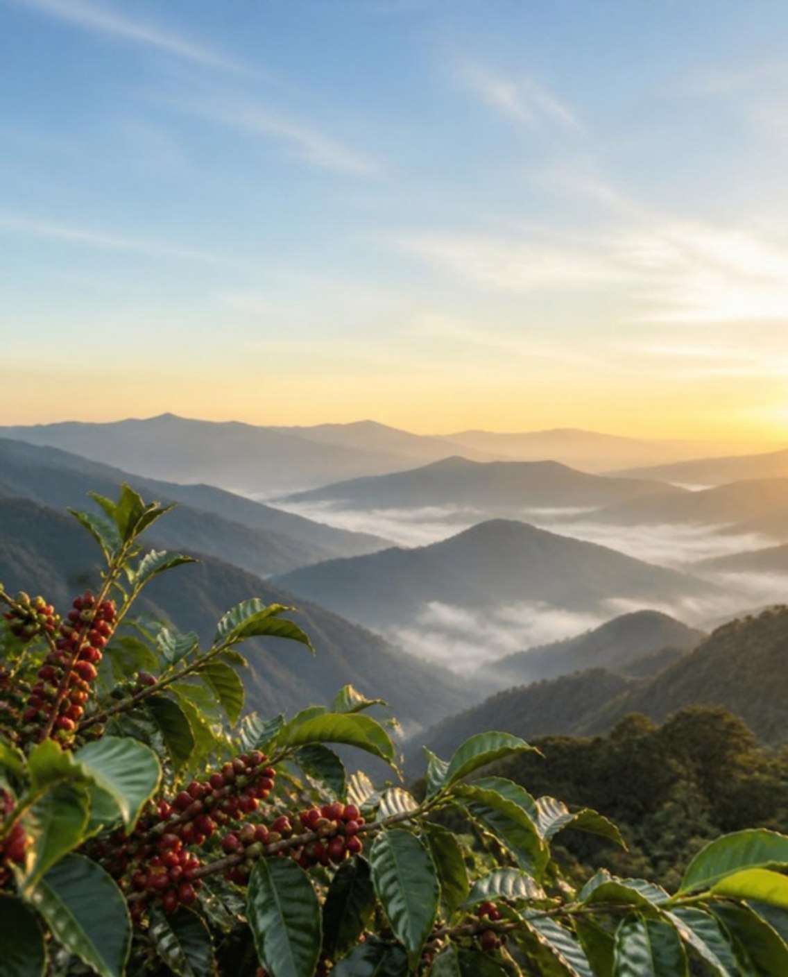 Coffee plants with ripe cherries above misty mountains at sunrise