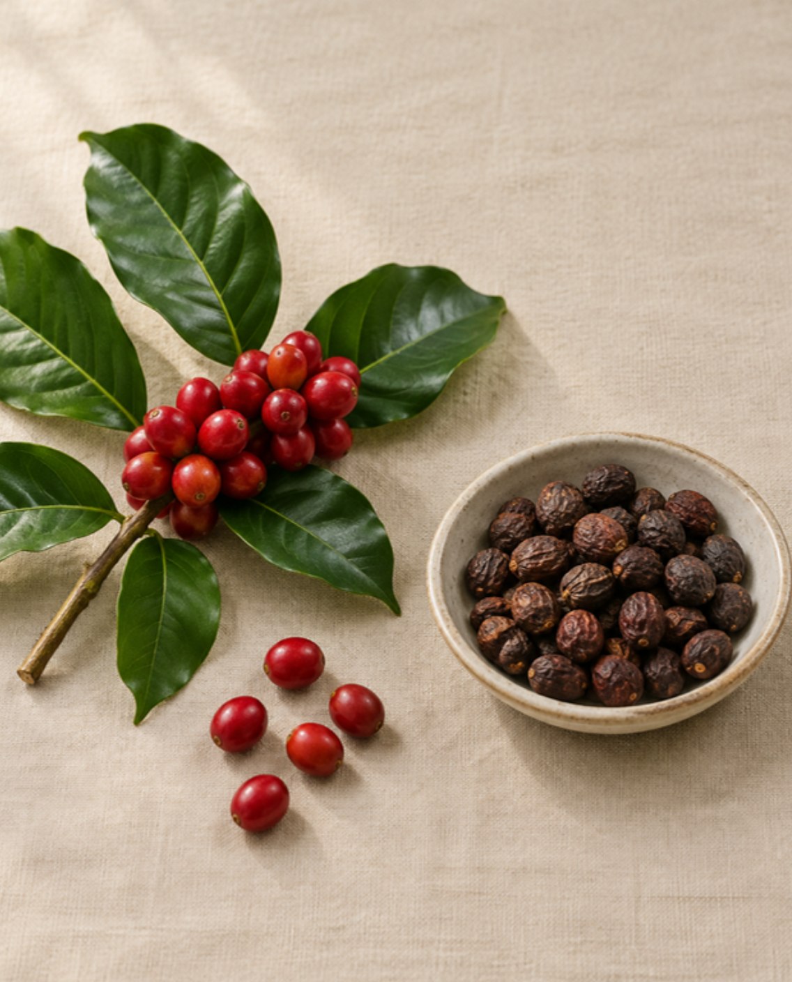 Ripe red coffee cherries on a branch beside dried natural-process coffee cherries