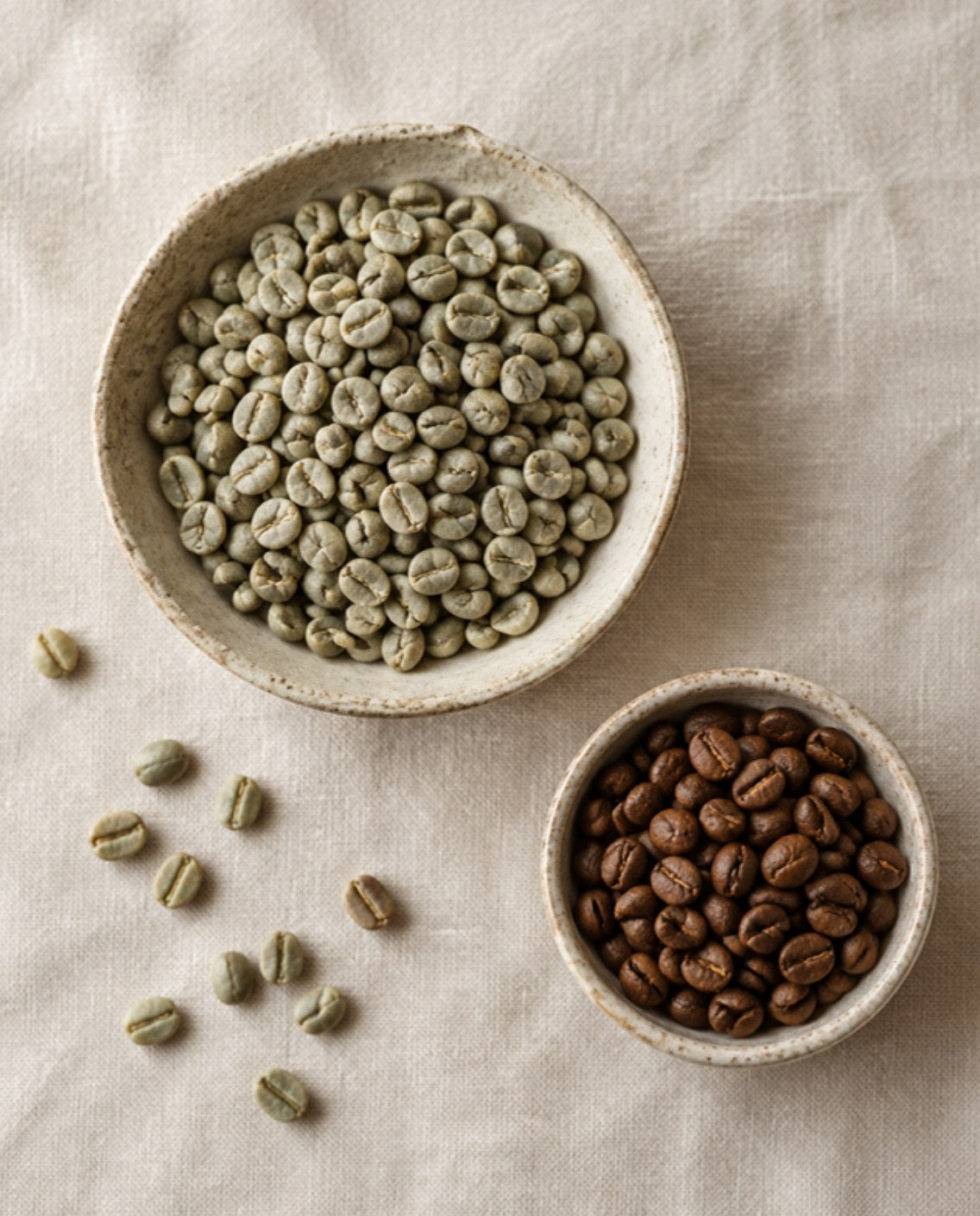 Green unroasted coffee beans in a bowl beside a smaller bowl of roasted beans