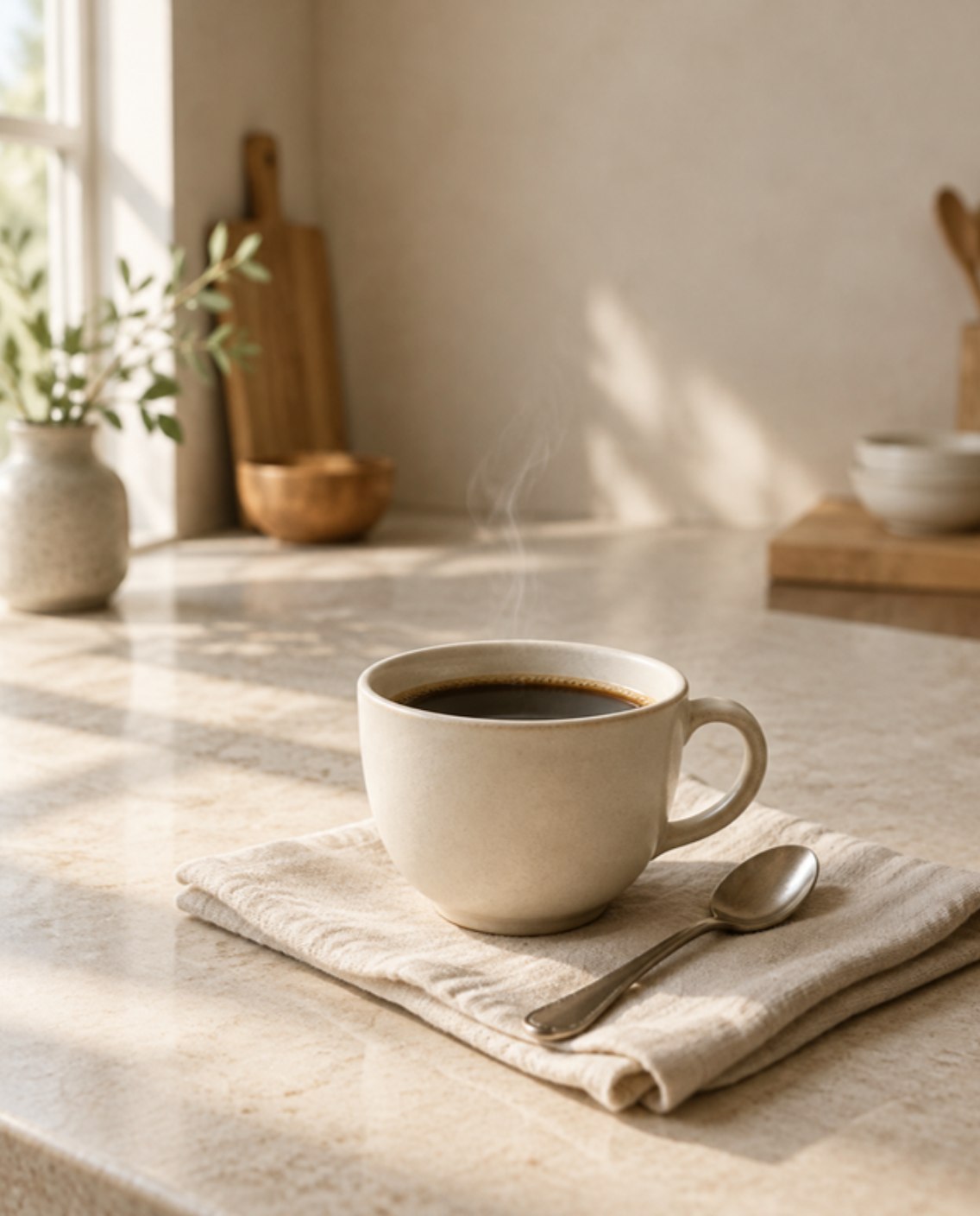 A cup of black coffee on a linen napkin in morning light