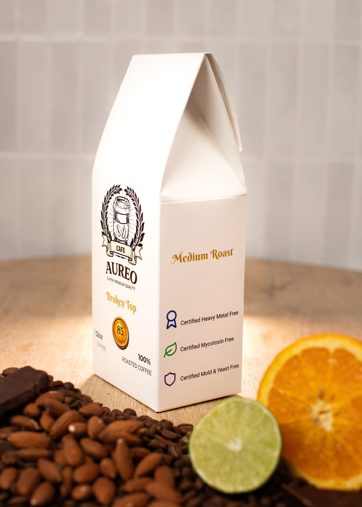 Broken Top – AUREO Café 12 oz coffee bag, angled view