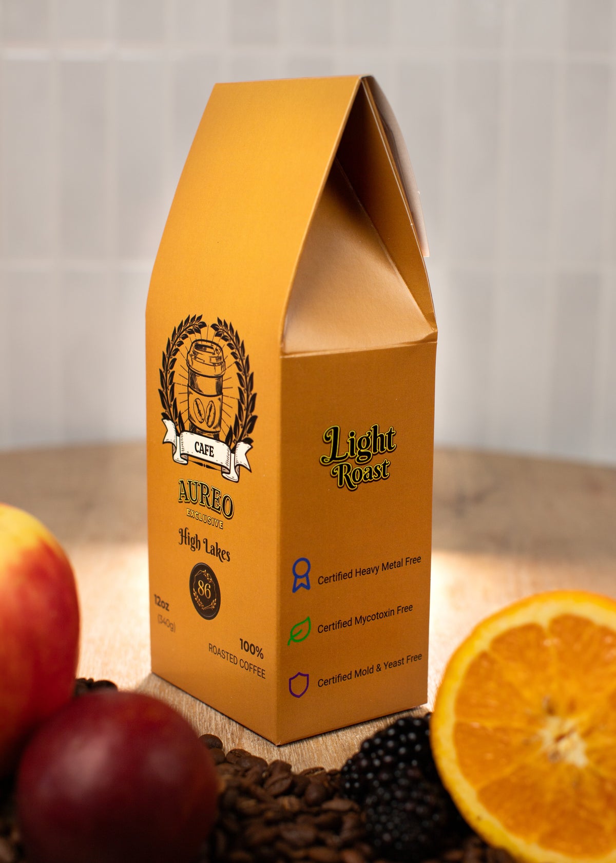 High Lakes – AUREO Café 12 oz coffee bag, angled view