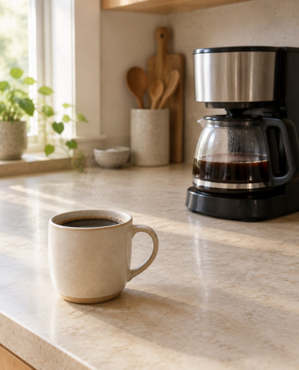 A drip coffee maker with a carafe of fresh coffee and a mug on a kitchen counter