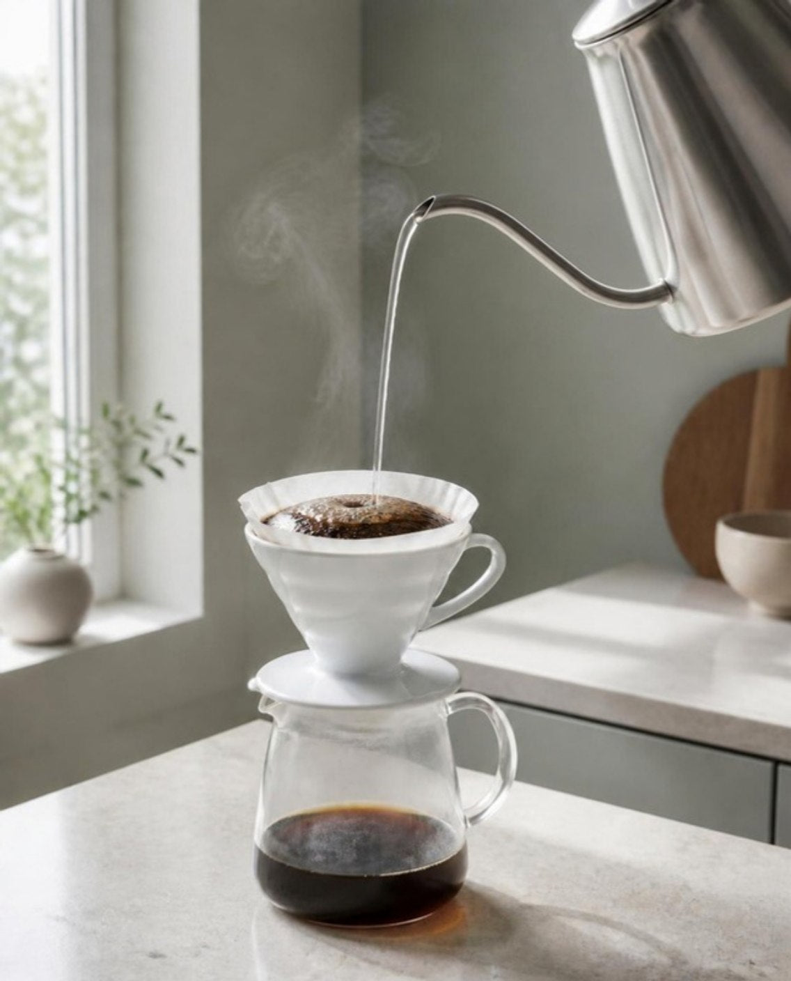 Hot water poured from a gooseneck kettle onto coffee in a pour-over dripper