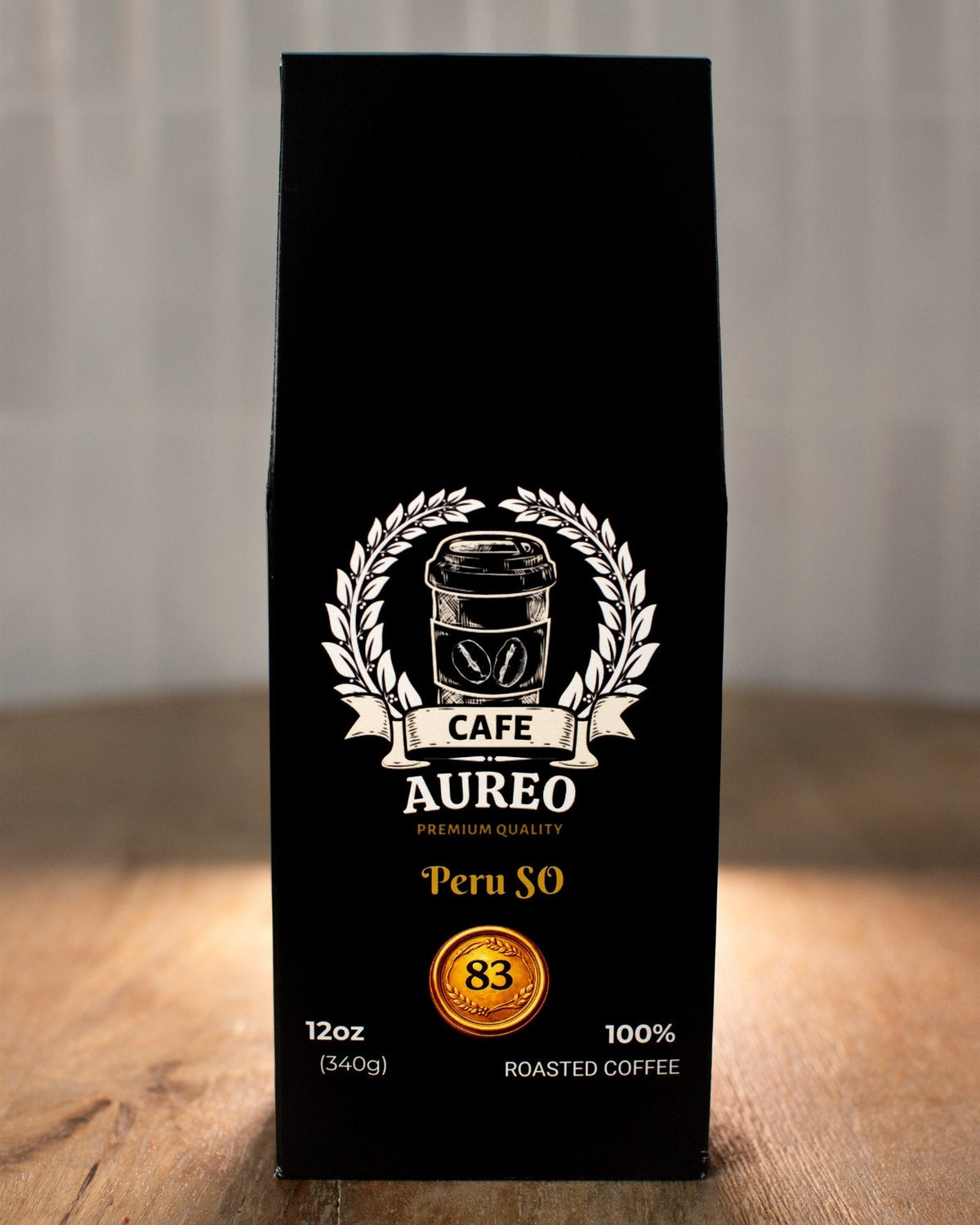 Front of an AUREO Peru SO coffee bag showing the coffee name and 12 oz size
