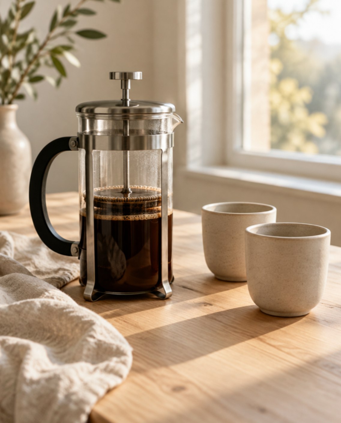 A French press of coffee beside two ceramic cups on a wooden table