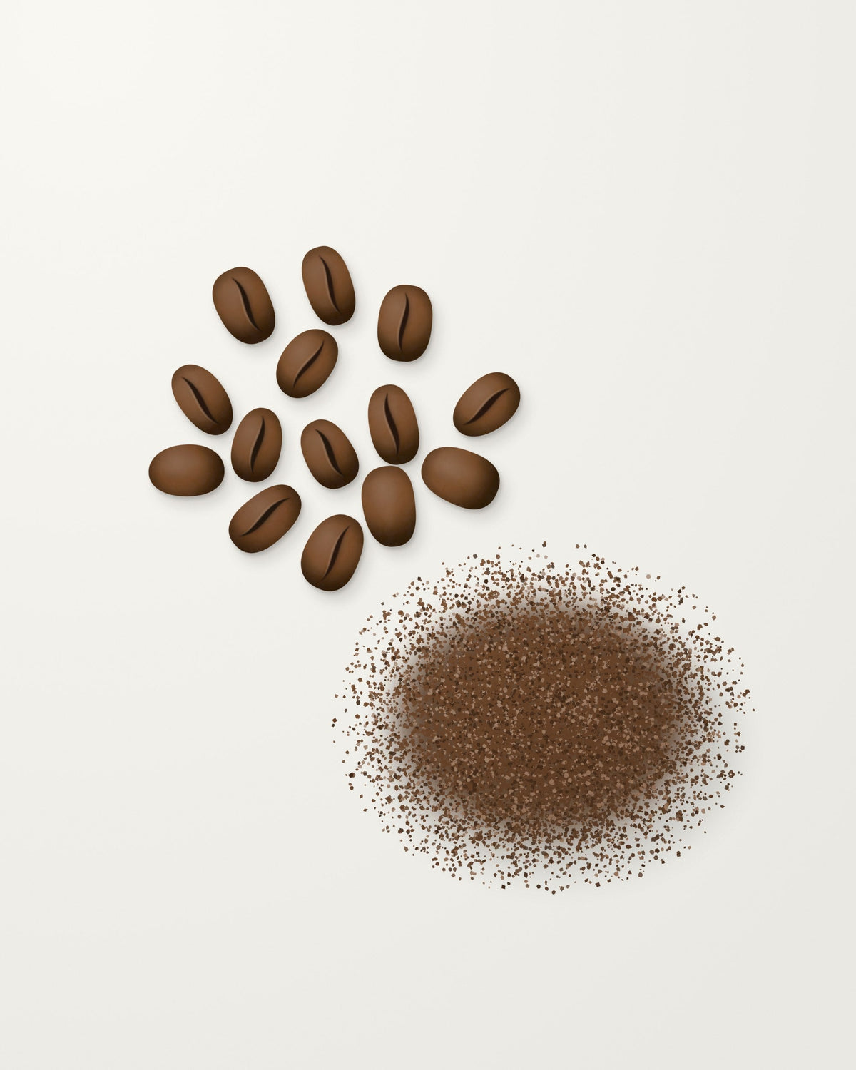 Whole roasted coffee beans beside a mound of freshly ground coffee