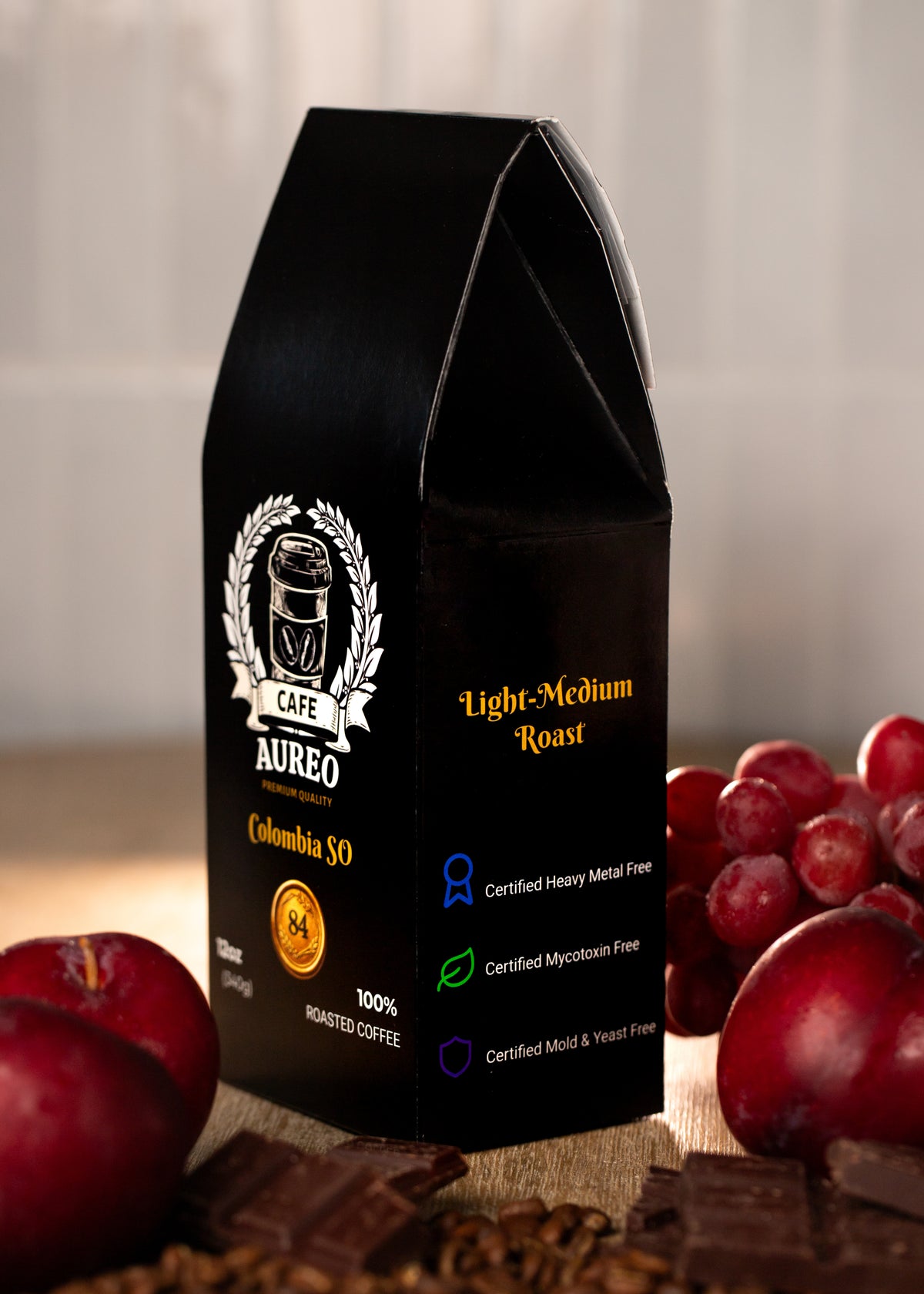 Colombia SO – AUREO Café 12 oz coffee bag, angled view