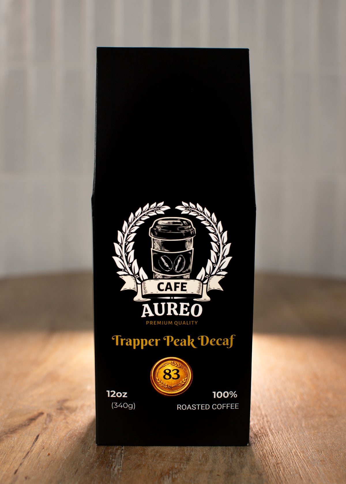 Trapper Peak Decaf – AUREO Café 12 oz coffee bag, front