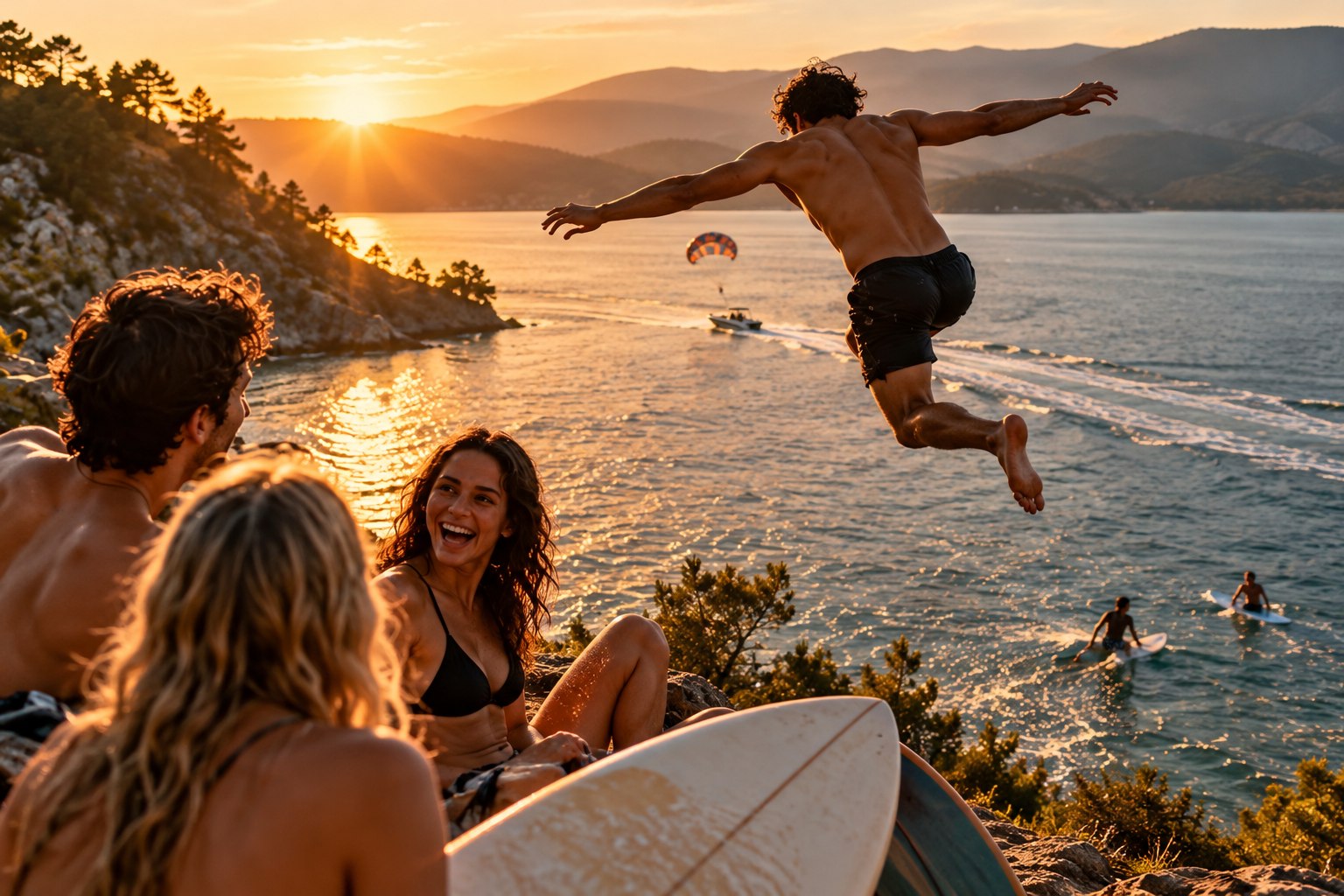 Friends laughing on the rocks above the sea at sunset as one of them jumps, with paddleboarders and a parasail on the water below